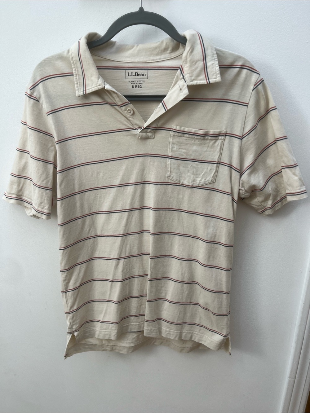 L.L. Bean Men’s Cream Polo with Red and Navy Stripes